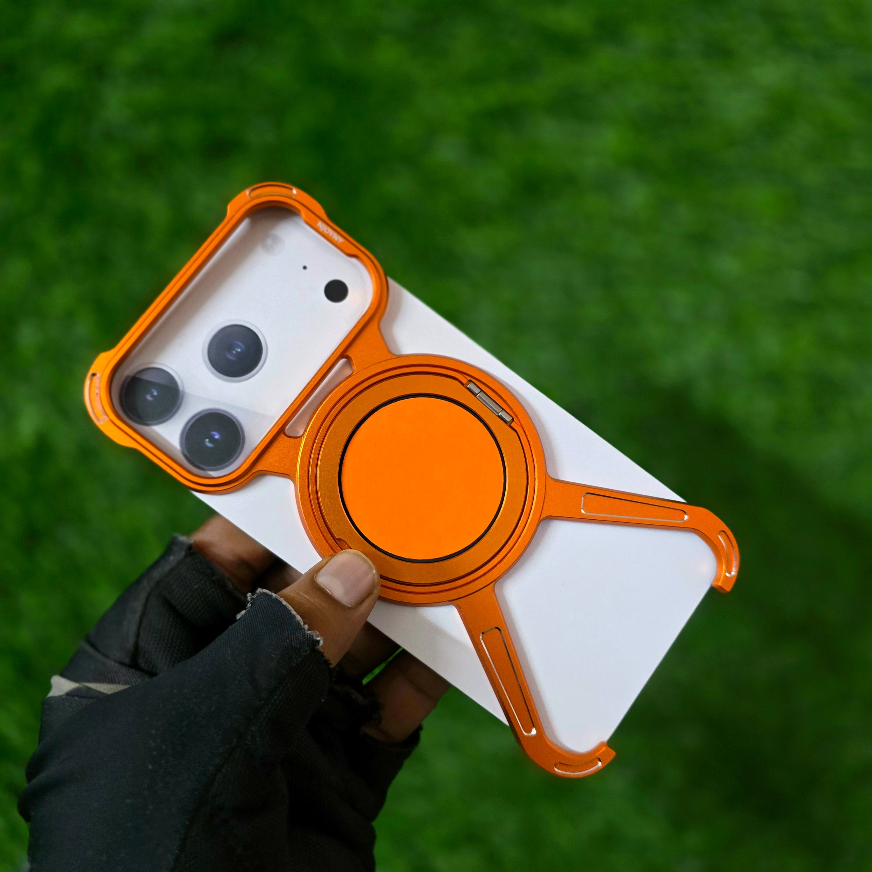 iPhone 17 Pro Max Metal X-Shape Frameless Bumper Case 360° Rotatable Stand with Magsafe - Orange